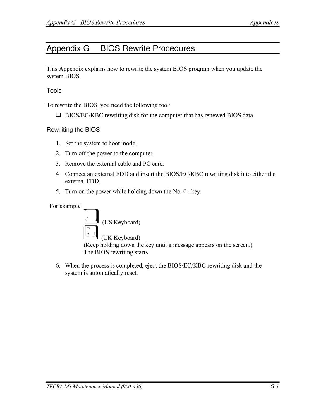 Toshiba tecra m1 manual Appendix G Bios Rewrite Procedures Appendices, Tools, Rewriting the Bios 