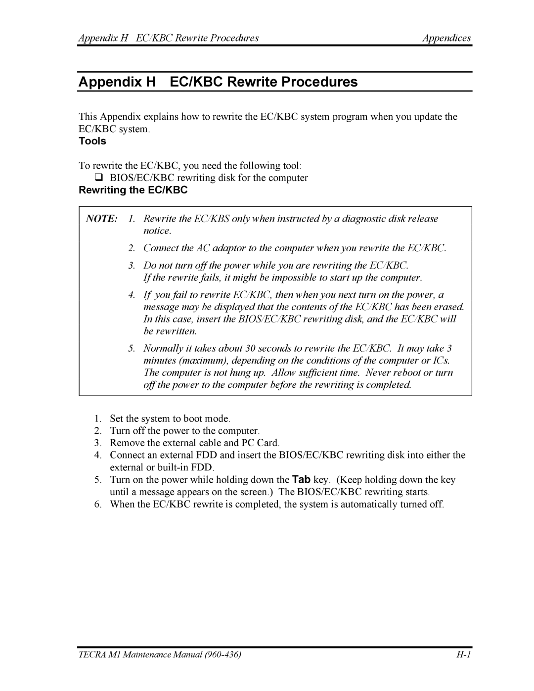 Toshiba tecra m1 manual Appendix H EC/KBC Rewrite Procedures Appendices, Rewriting the EC/KBC 