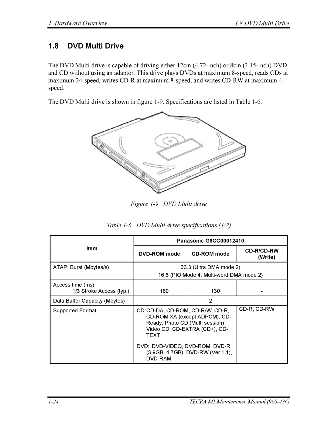 Toshiba tecra m1 manual Hardware Overview DVD Multi Drive, Panasonic G8CC00012410, Write 