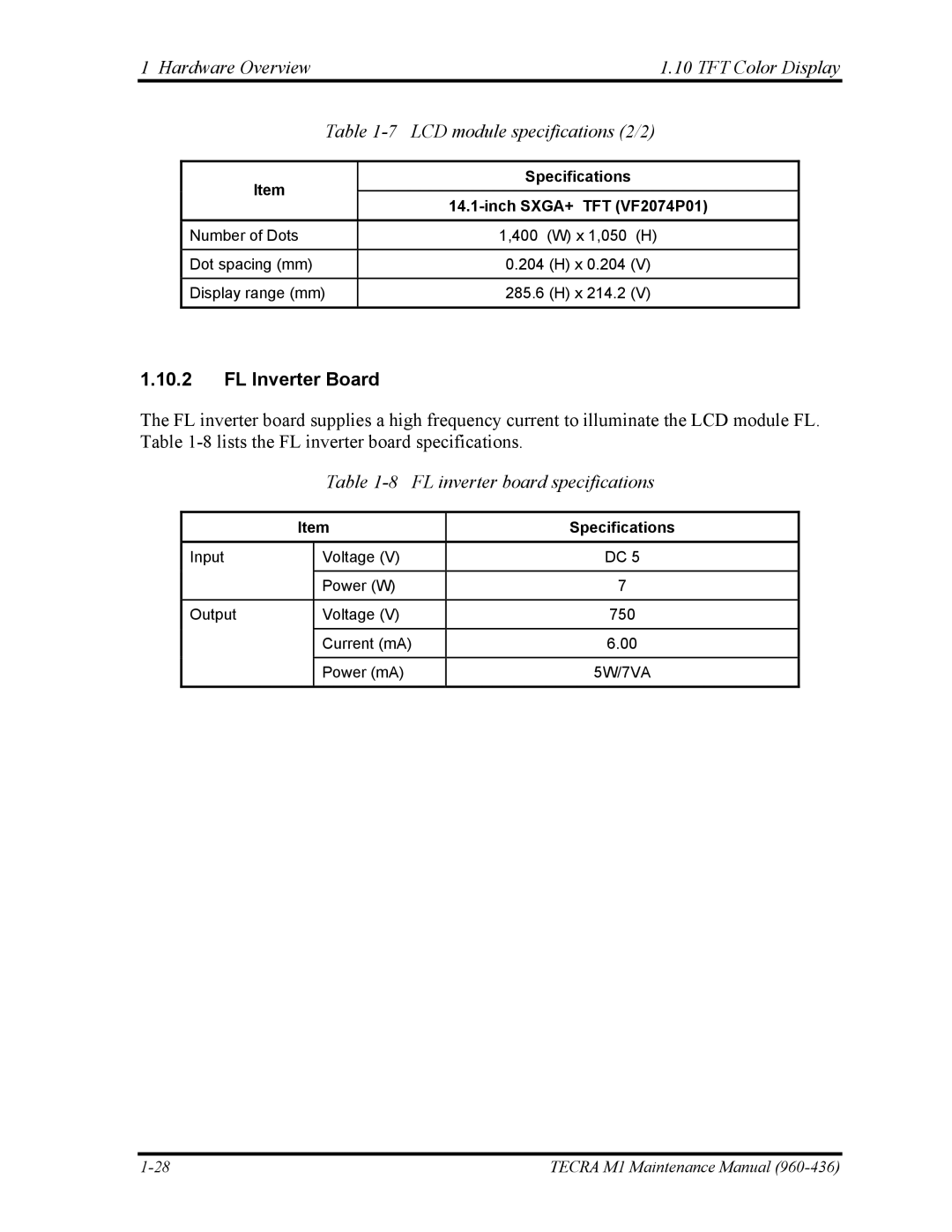 Toshiba tecra m1 manual FL Inverter Board, FL inverter board specifications, Specifications Inch SXGA+ TFT VF2074P01 