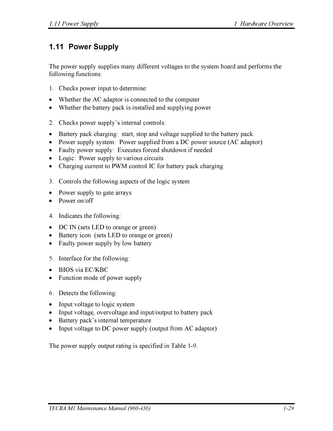 Toshiba tecra m1 manual Power Supply Hardware Overview 