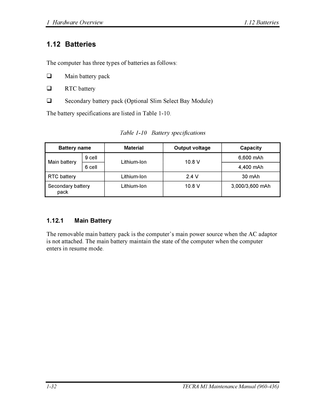 Toshiba tecra m1 manual Hardware Overview Batteries, Battery specifications, Main Battery 