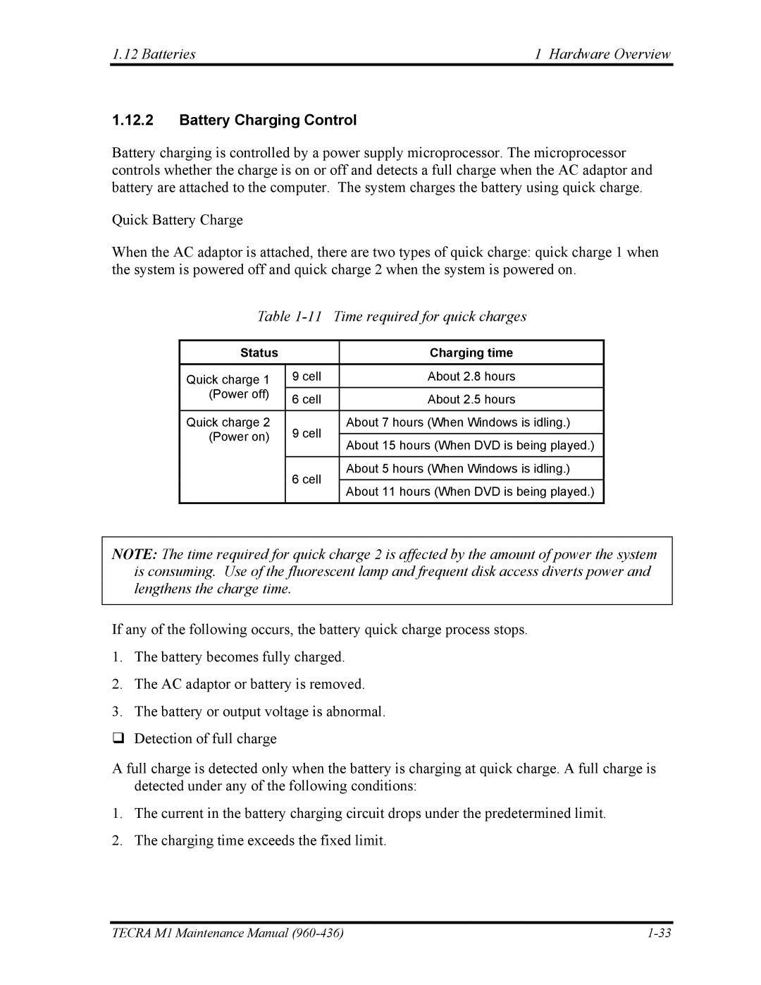 Toshiba tecra m1 manual Batteries Hardware Overview, Battery Charging Control, Time required for quick charges 