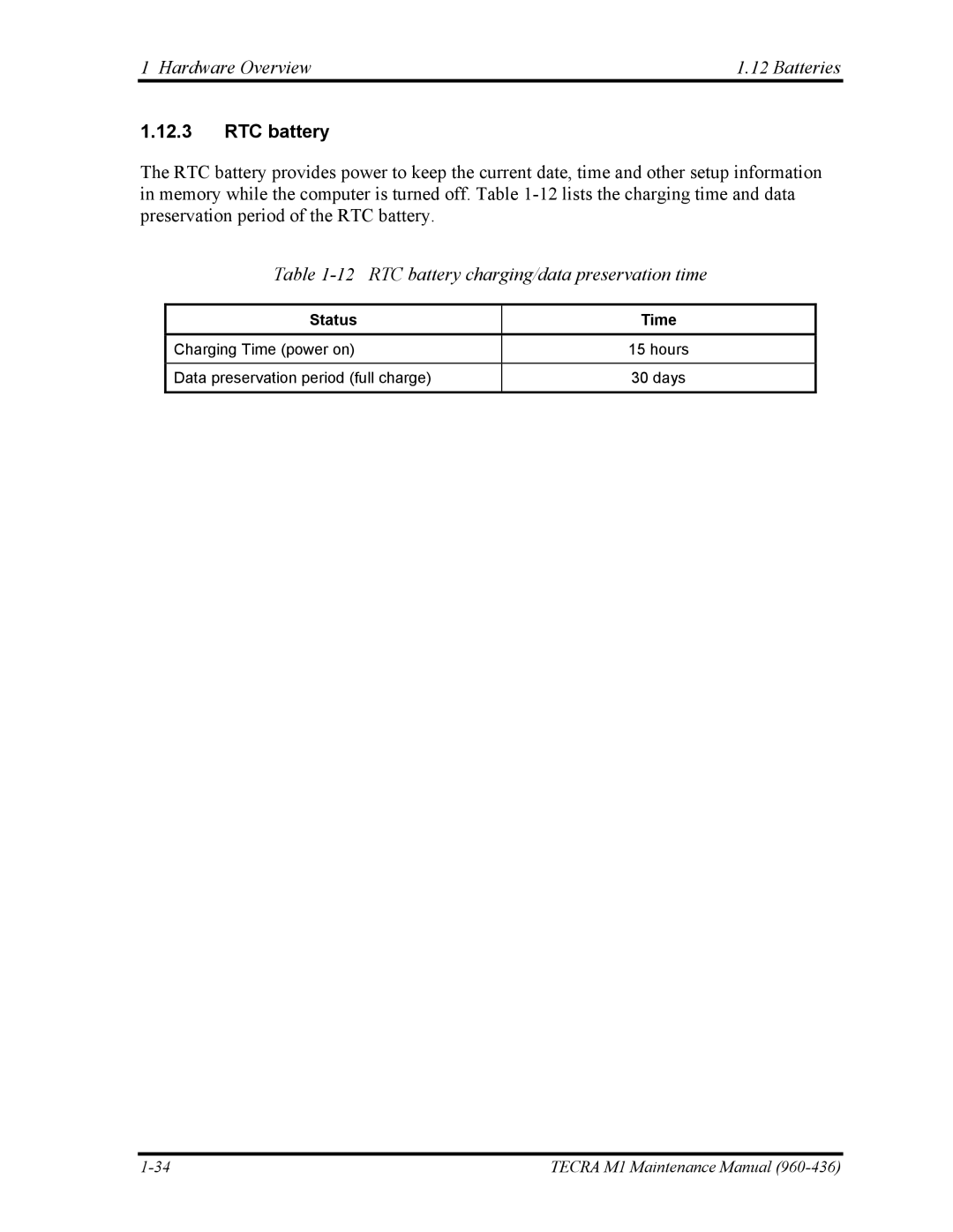 Toshiba tecra m1 manual RTC battery charging/data preservation time, Status Time 