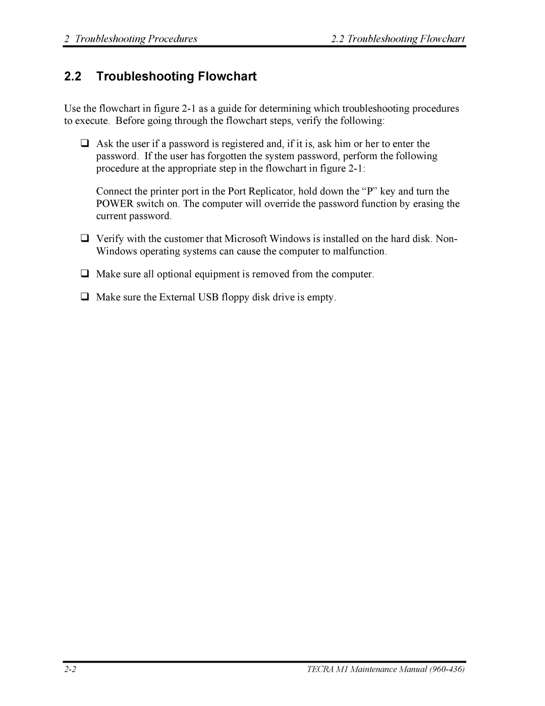 Toshiba tecra m1 manual Troubleshooting Procedures Troubleshooting Flowchart 