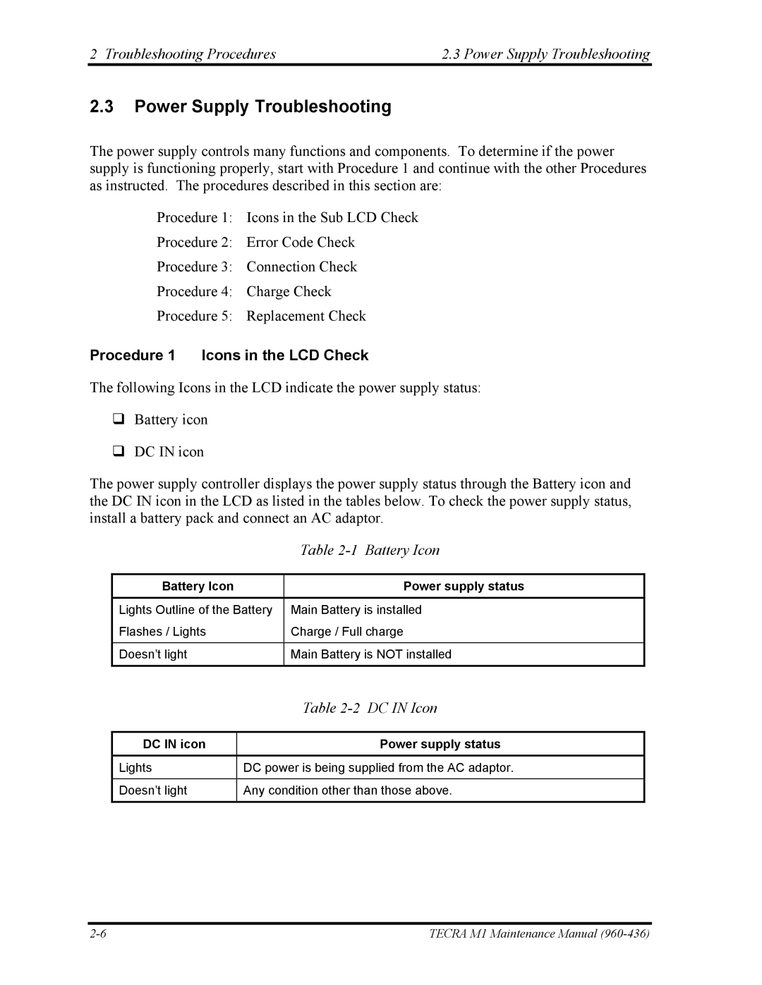 Toshiba tecra m1 manual Troubleshooting Procedures Power Supply Troubleshooting, Procedure 1 Icons in the LCD Check 