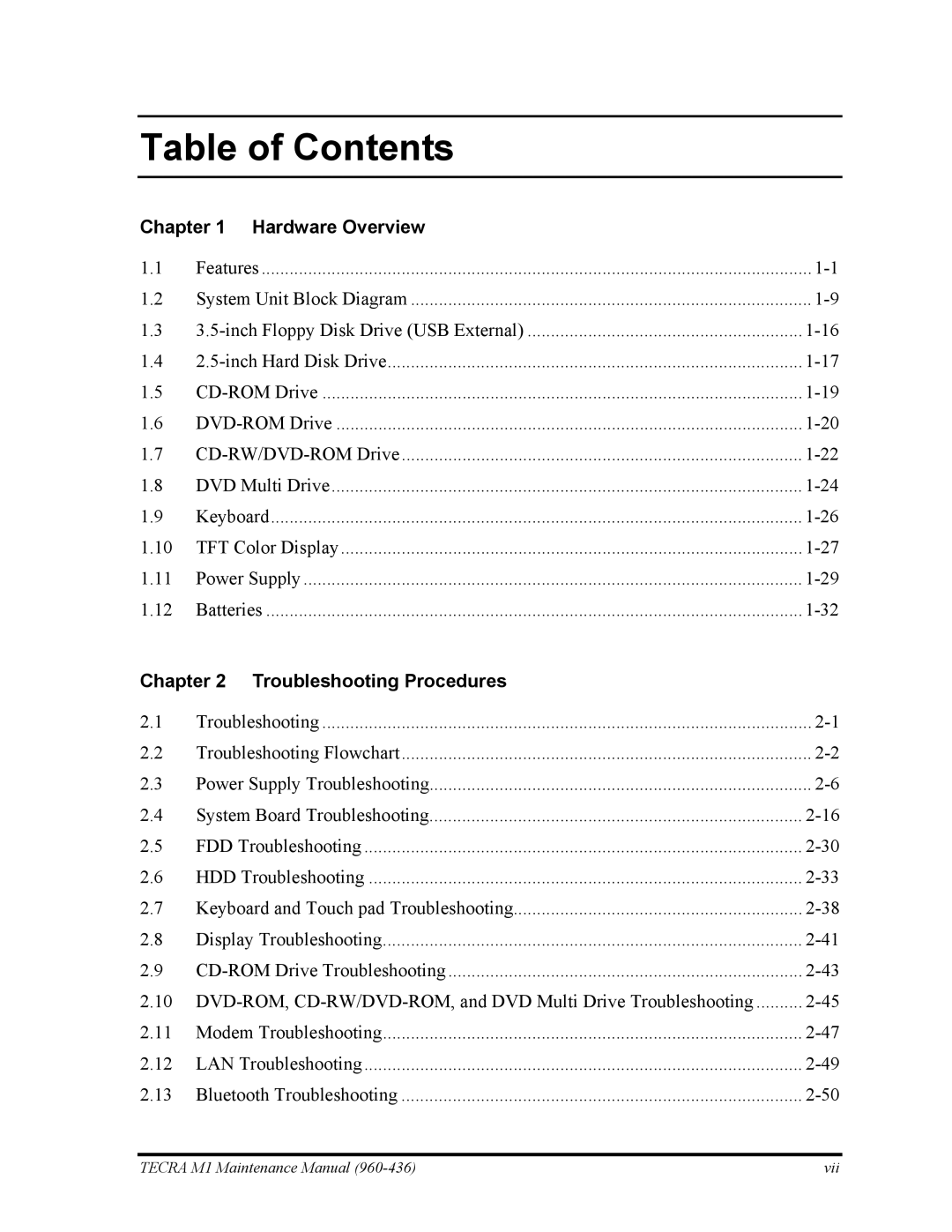 Toshiba tecra m1 manual Table of Contents 