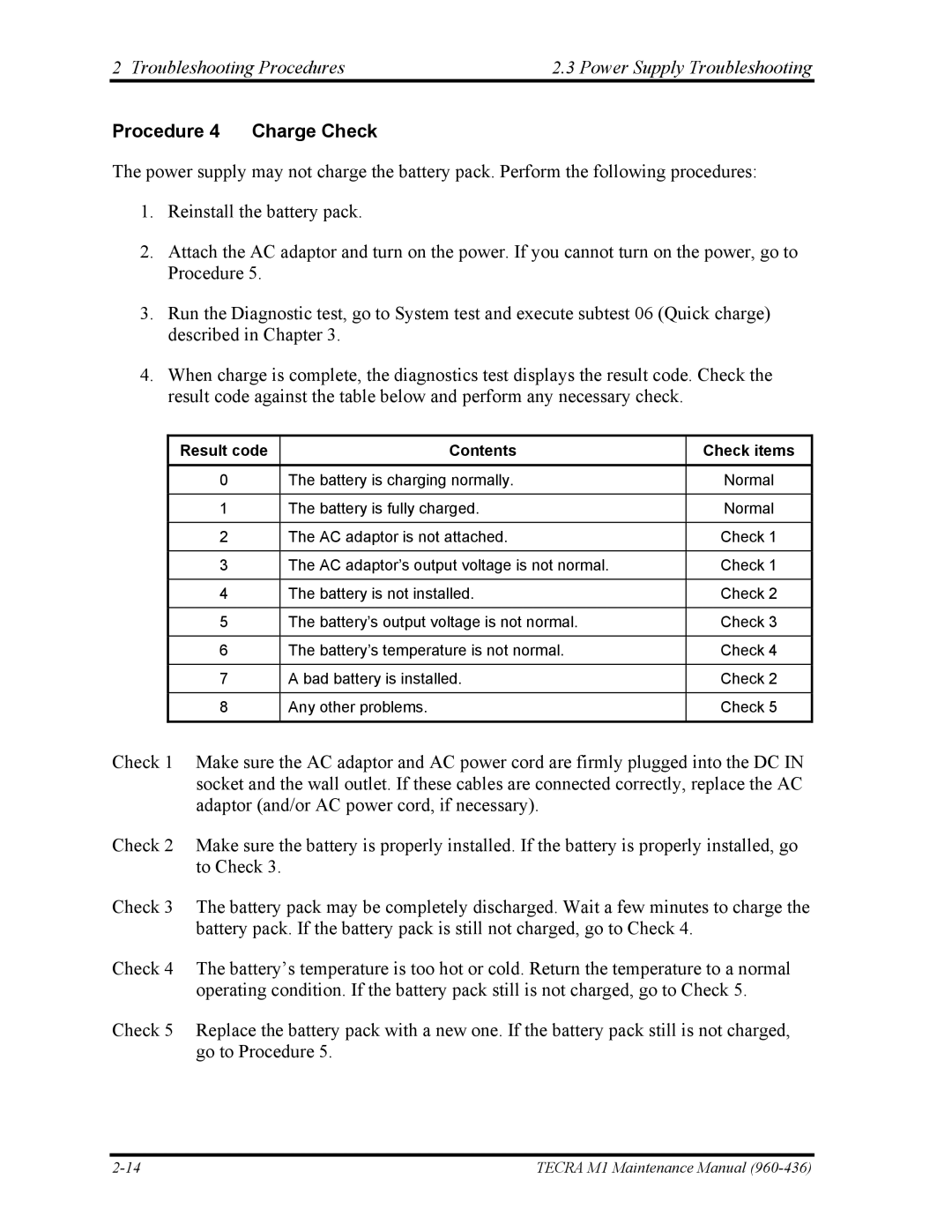 Toshiba tecra m1 manual Procedure 4 Charge Check, Result code Contents Check items 