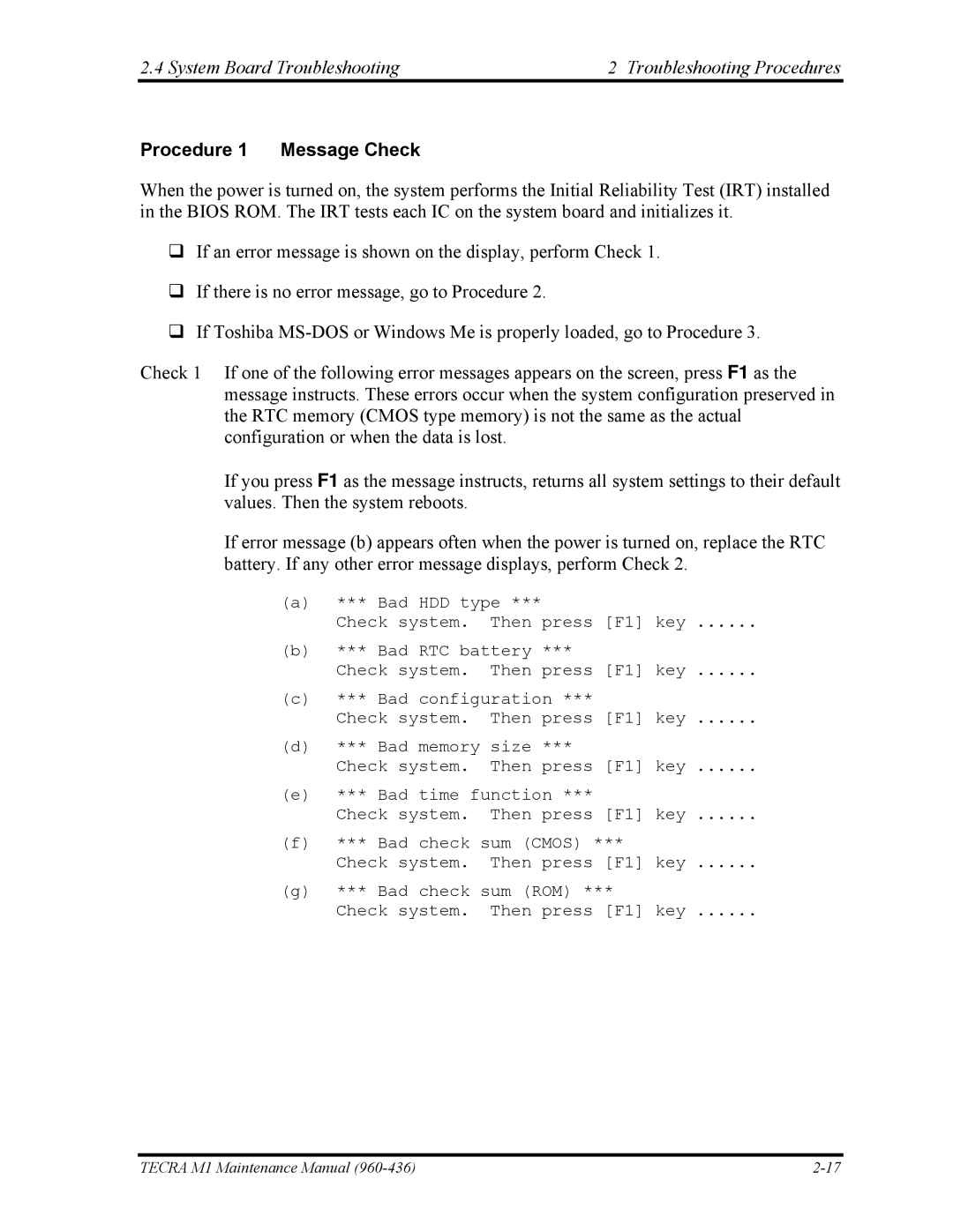 Toshiba tecra m1 manual System Board Troubleshooting Troubleshooting Procedures, Procedure 1 Message Check 