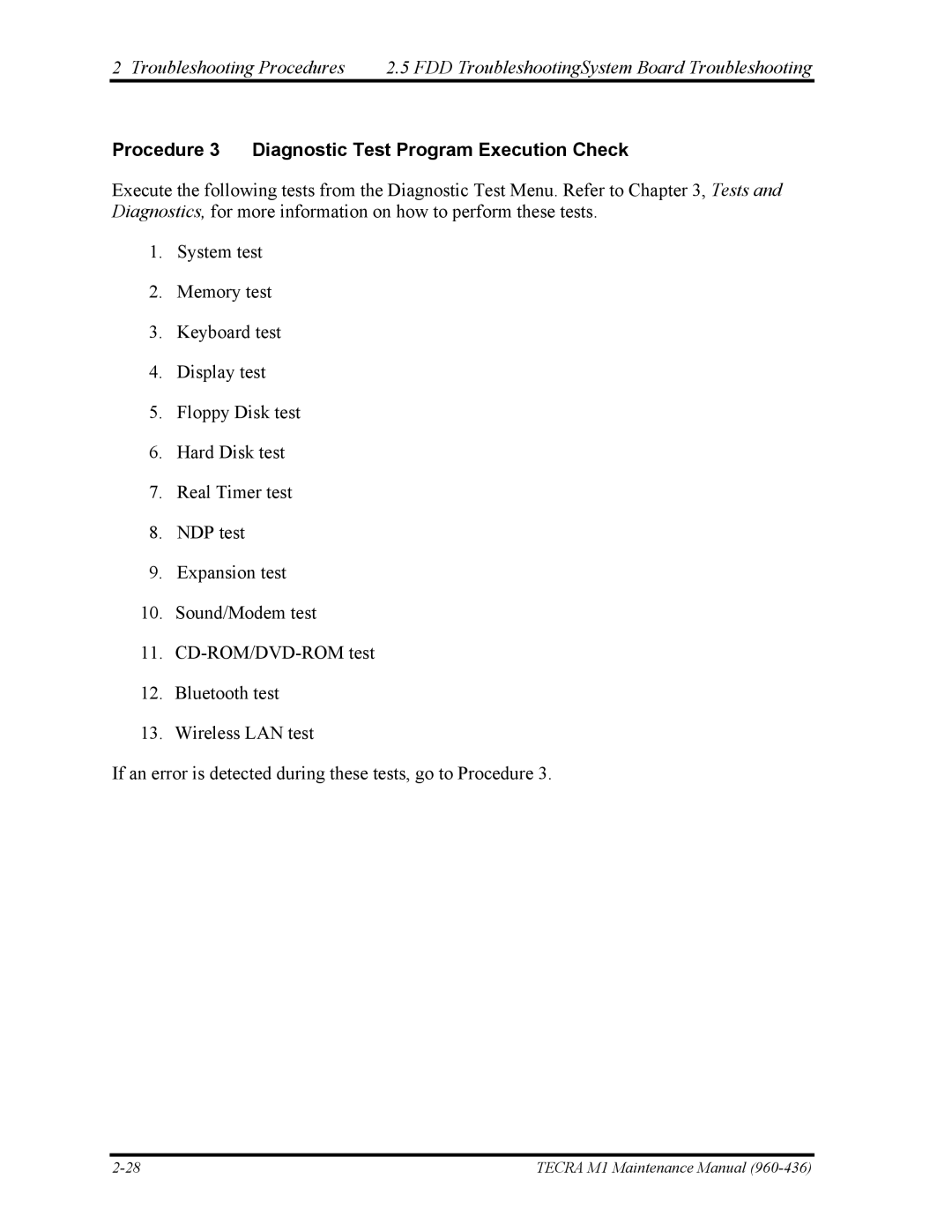 Toshiba tecra m1 manual Procedure 3 Diagnostic Test Program Execution Check 