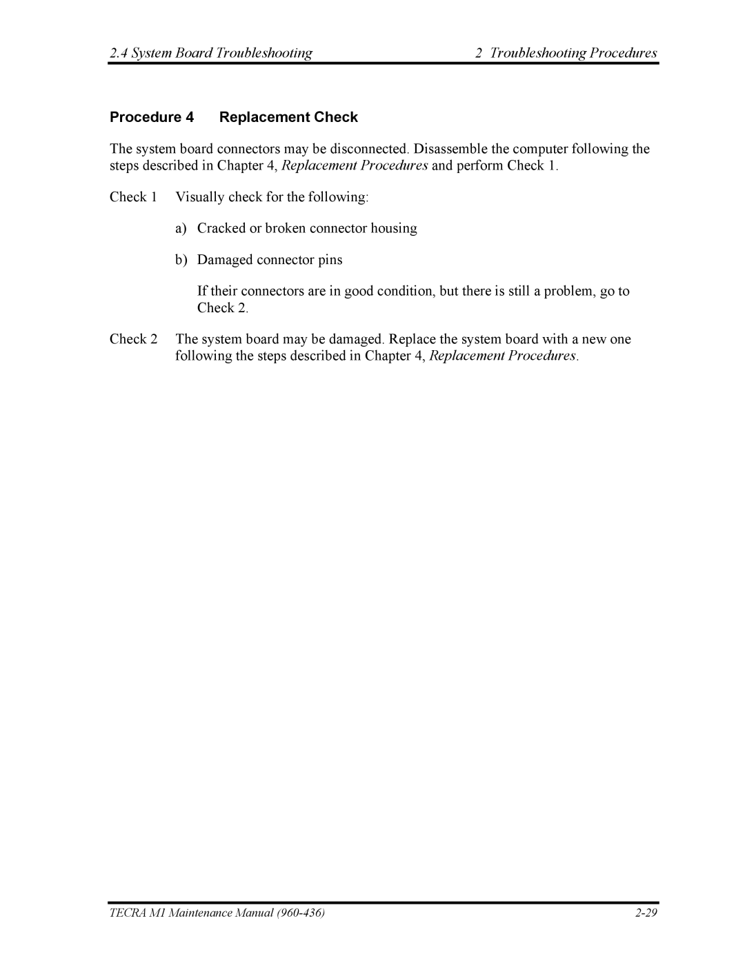 Toshiba tecra m1 manual System Board Troubleshooting Troubleshooting Procedures, Procedure 4 Replacement Check 