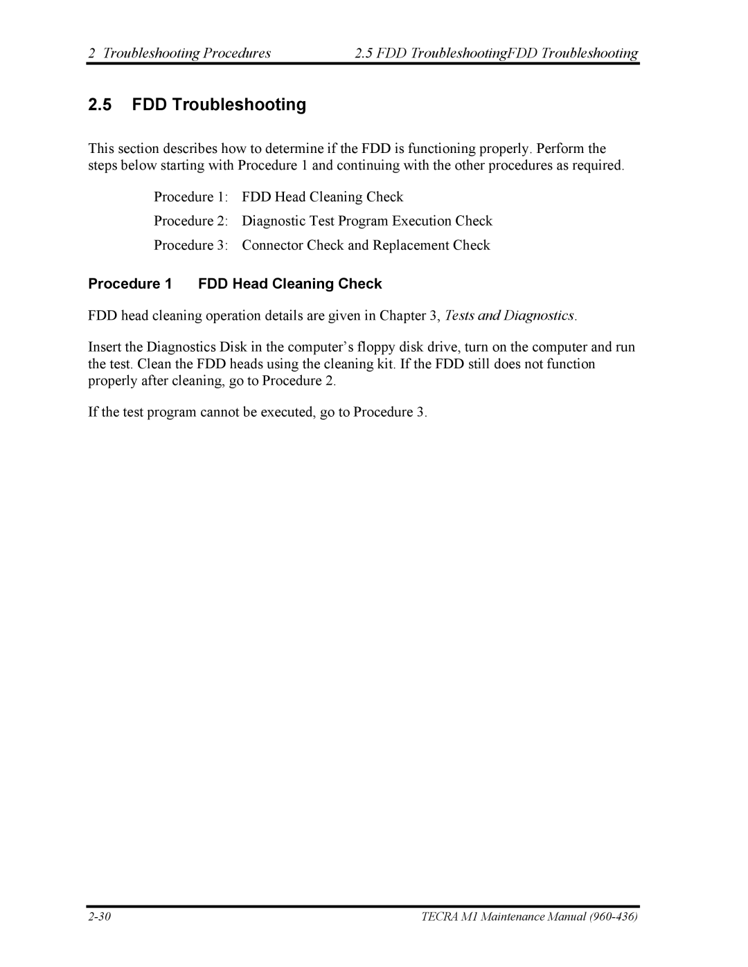 Toshiba tecra m1 manual FDD Troubleshooting, Procedure 1 FDD Head Cleaning Check 