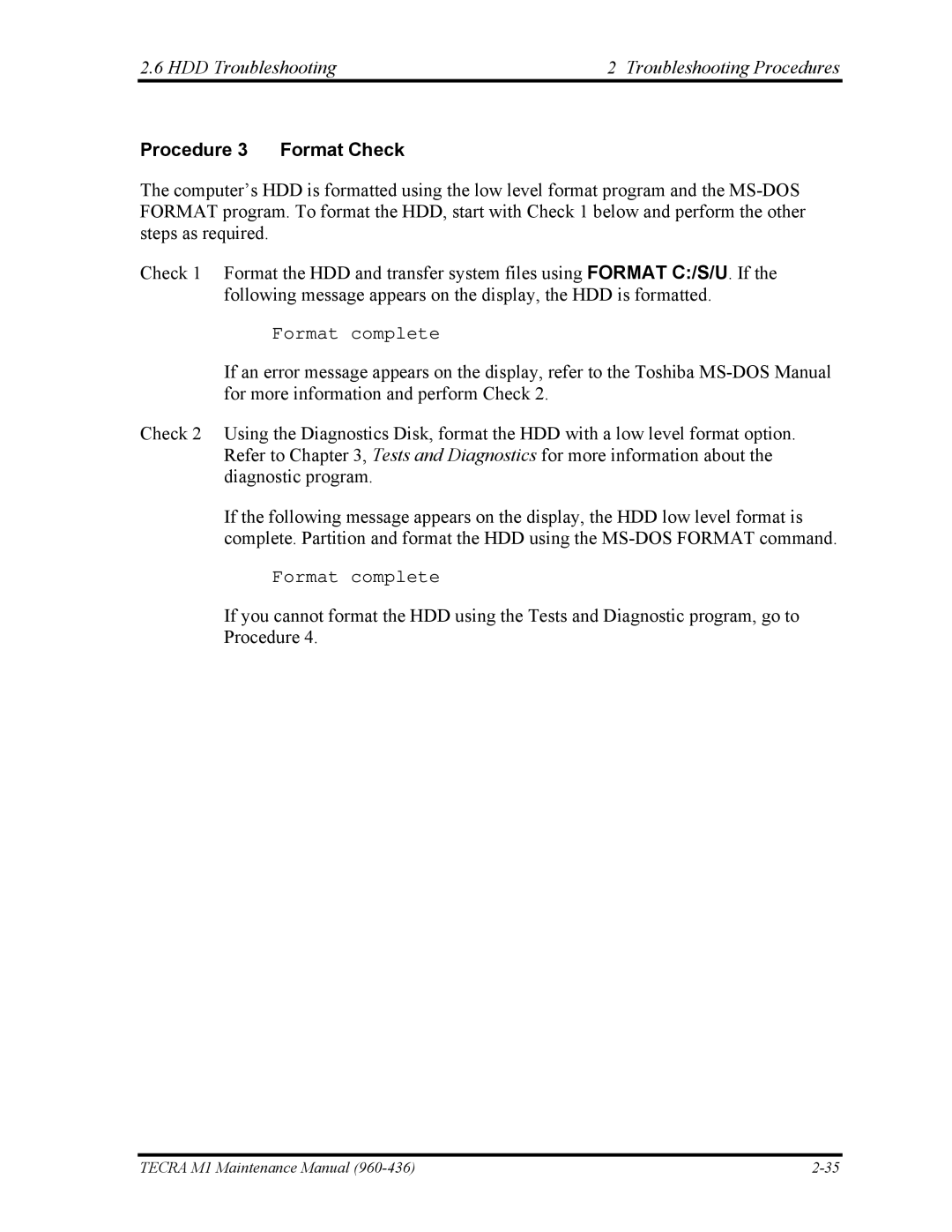 Toshiba tecra m1 manual Procedure 3 Format Check 