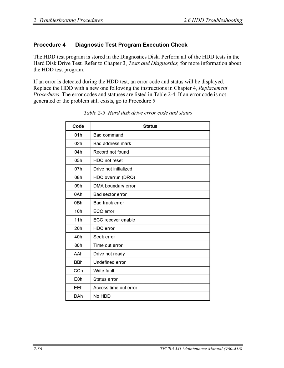 Toshiba tecra m1 manual Procedure 4 Diagnostic Test Program Execution Check, Hard disk drive error code and status 