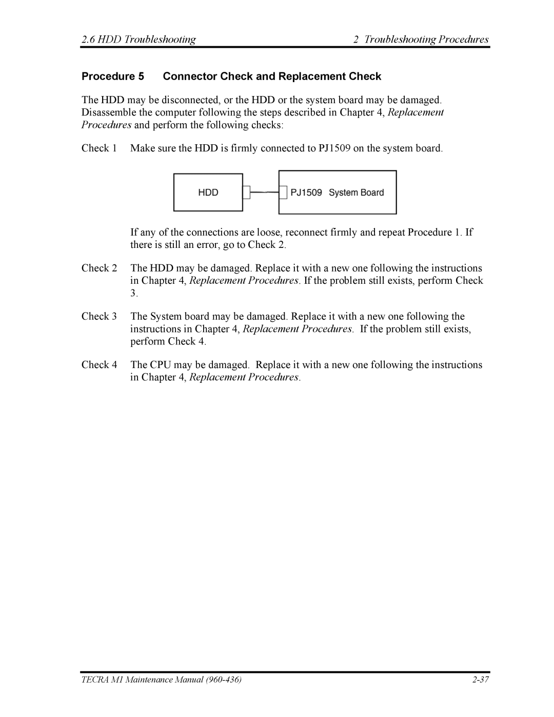 Toshiba tecra m1 manual Procedure 5 Connector Check and Replacement Check 