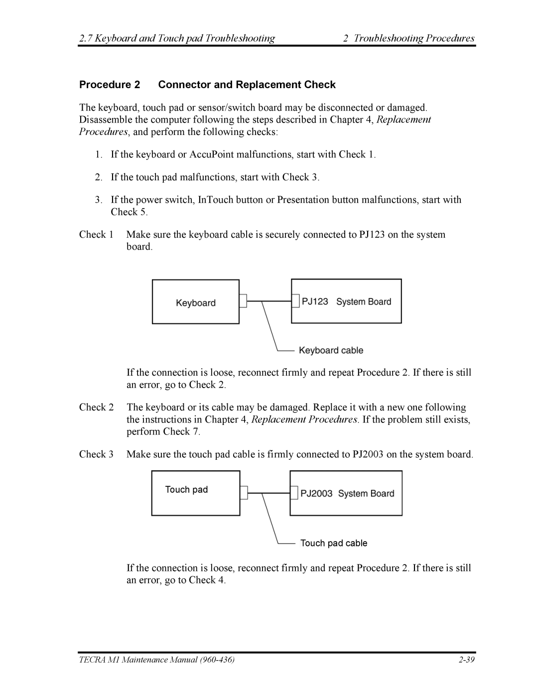 Toshiba tecra m1 manual Procedure 2 Connector and Replacement Check 
