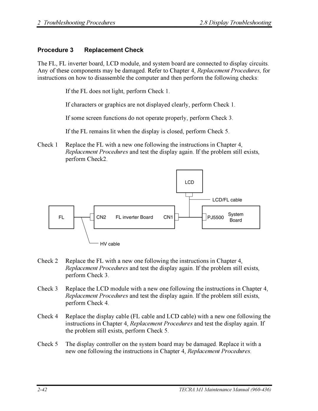Toshiba tecra m1 manual Troubleshooting Procedures Display Troubleshooting, Procedure 3 Replacement Check 