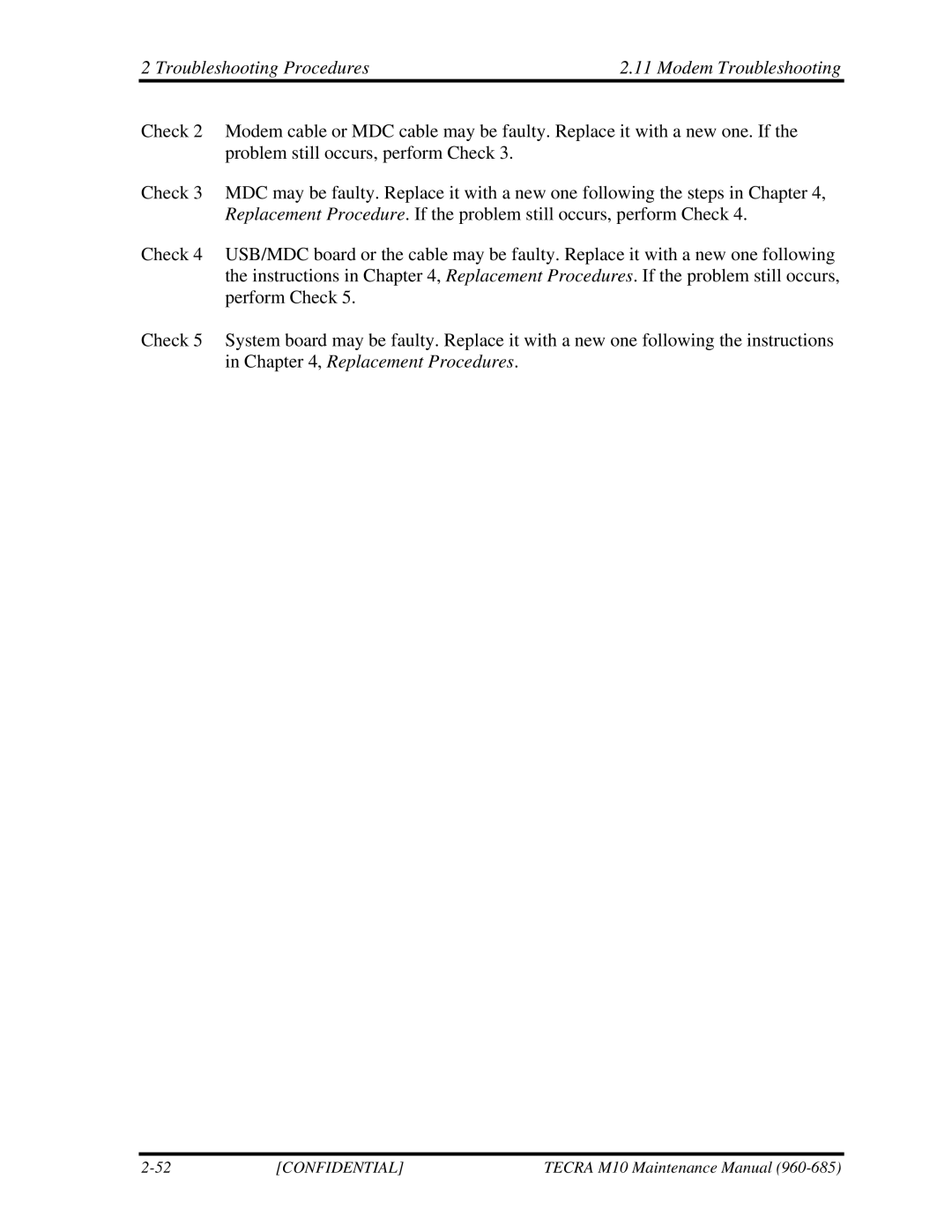 Toshiba TECRA, M10 manual Troubleshooting Procedures Modem Troubleshooting 