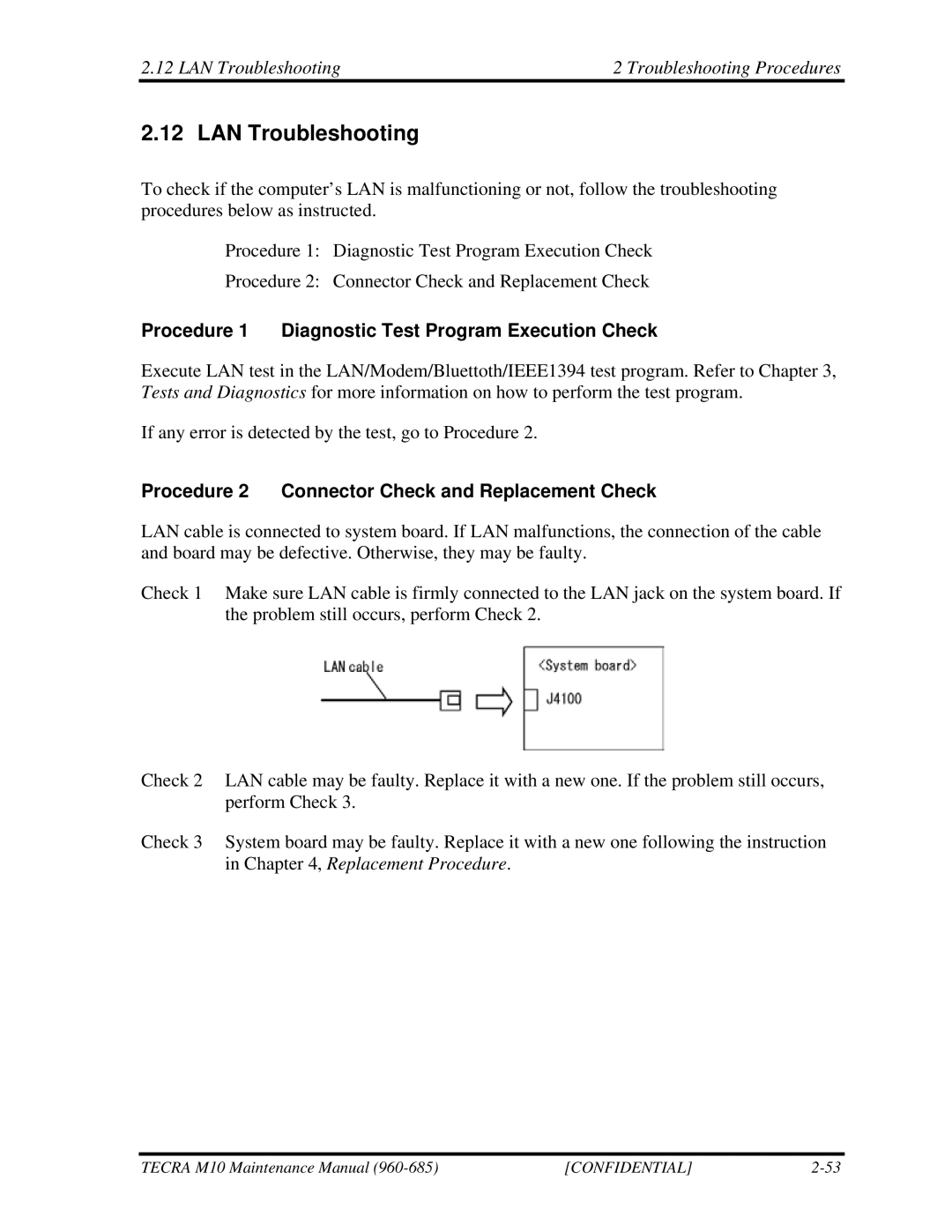 Toshiba M10, TECRA manual LAN Troubleshooting Troubleshooting Procedures 