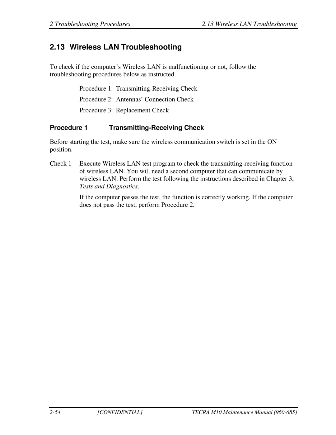 Toshiba TECRA, M10 Troubleshooting Procedures Wireless LAN Troubleshooting, Procedure 1 Transmitting-Receiving Check 