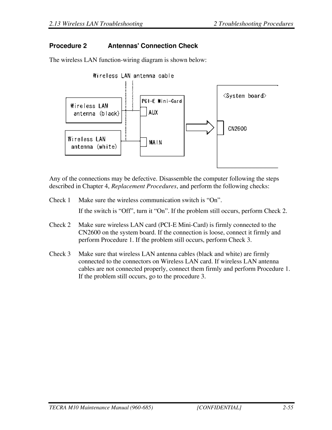 Toshiba M10, TECRA manual Wireless LAN Troubleshooting Troubleshooting Procedures, Procedure 2 Antennas Connection Check 