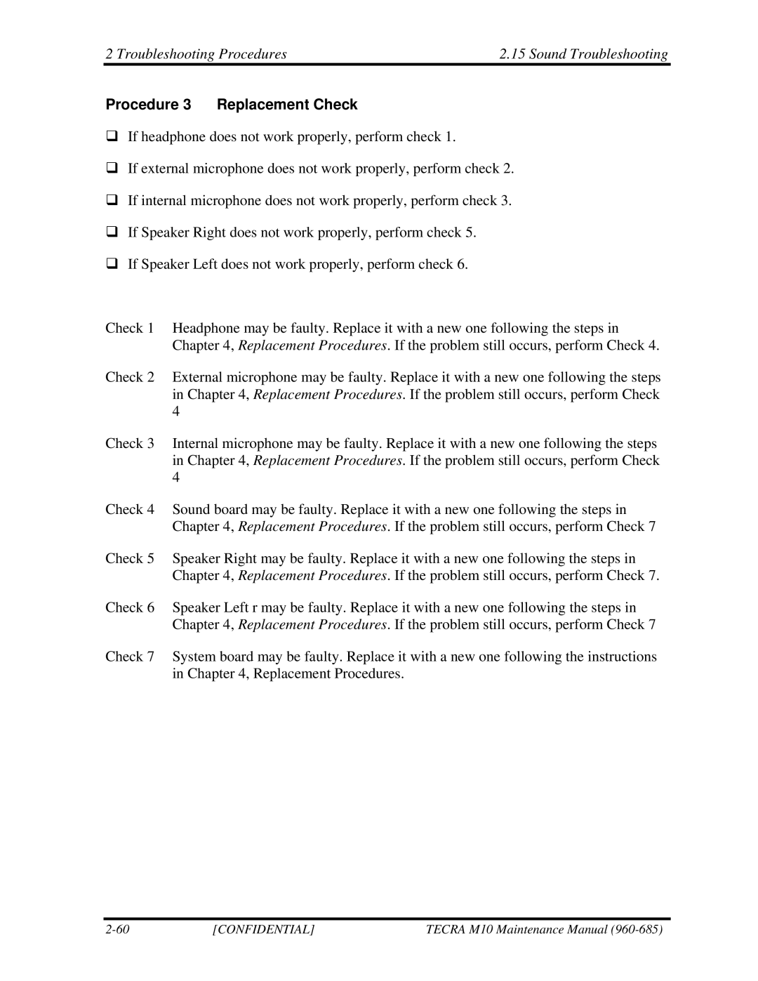 Toshiba TECRA, M10 manual Procedure 3 Replacement Check 