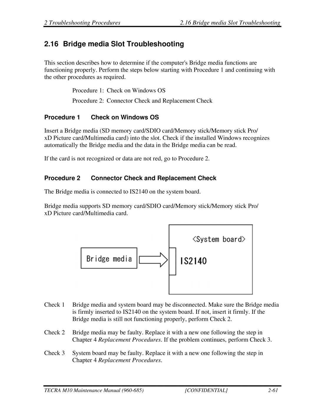 Toshiba M10, TECRA manual Bridge media Slot Troubleshooting, Procedure 1 Check on Windows OS 