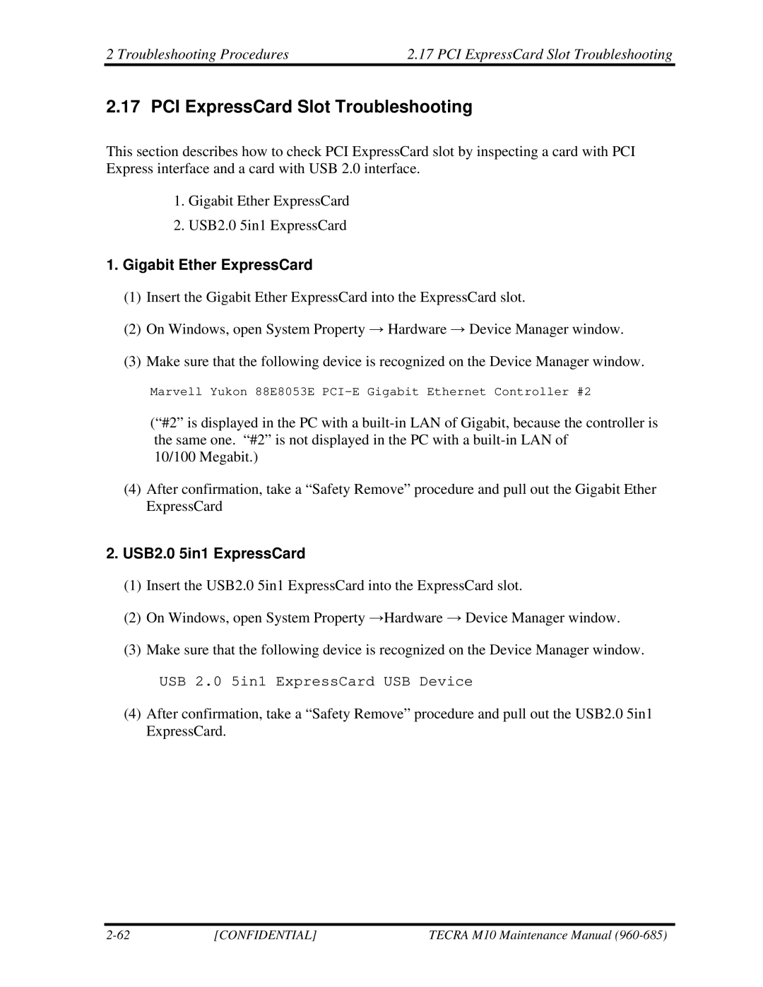 Toshiba TECRA, M10 manual PCI ExpressCard Slot Troubleshooting, Gigabit Ether ExpressCard, USB2.0 5in1 ExpressCard 