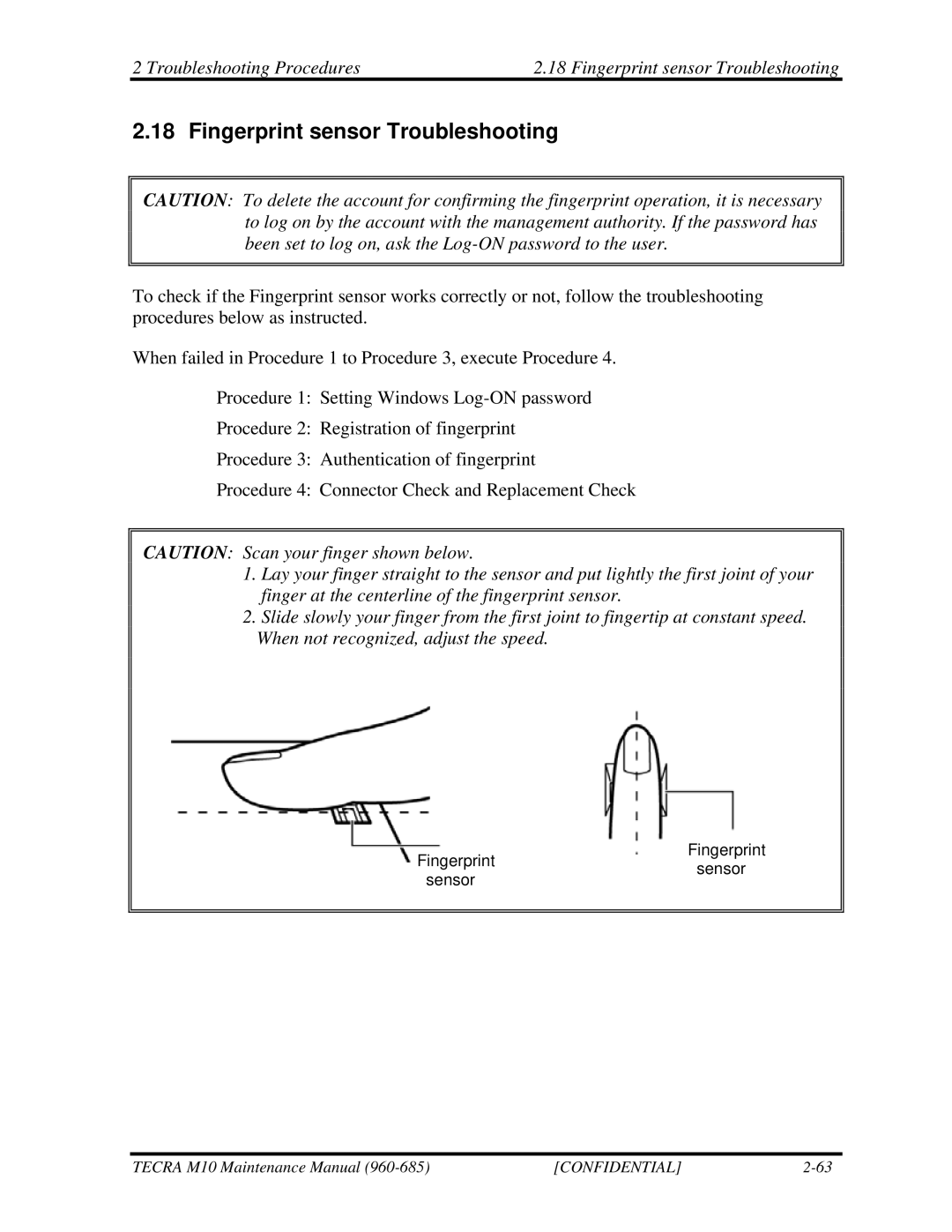 Toshiba M10, TECRA manual Fingerprint sensor Troubleshooting 