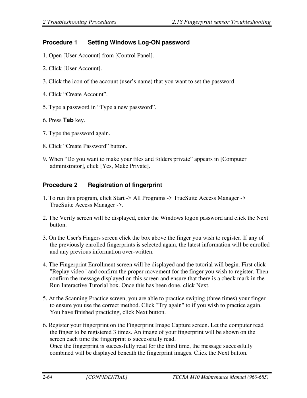 Toshiba TECRA, M10 manual Procedure 1 Setting Windows Log-ON password, Procedure 2 Registration of fingerprint 
