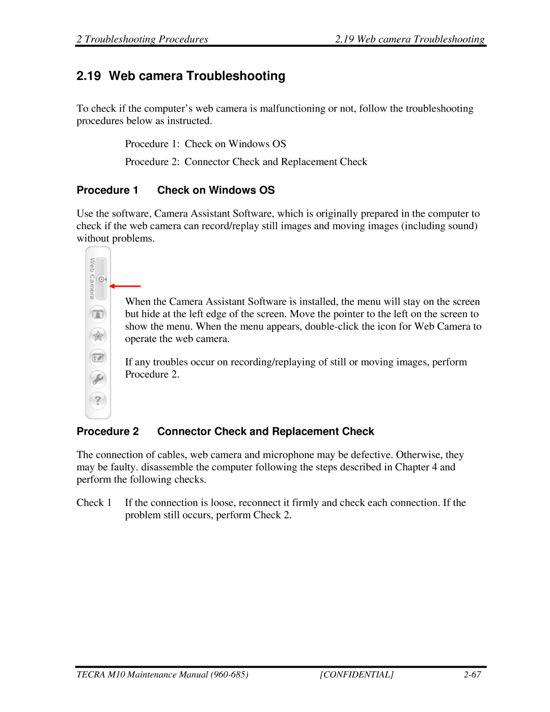 Toshiba M10, TECRA manual Troubleshooting Procedures Web camera Troubleshooting 