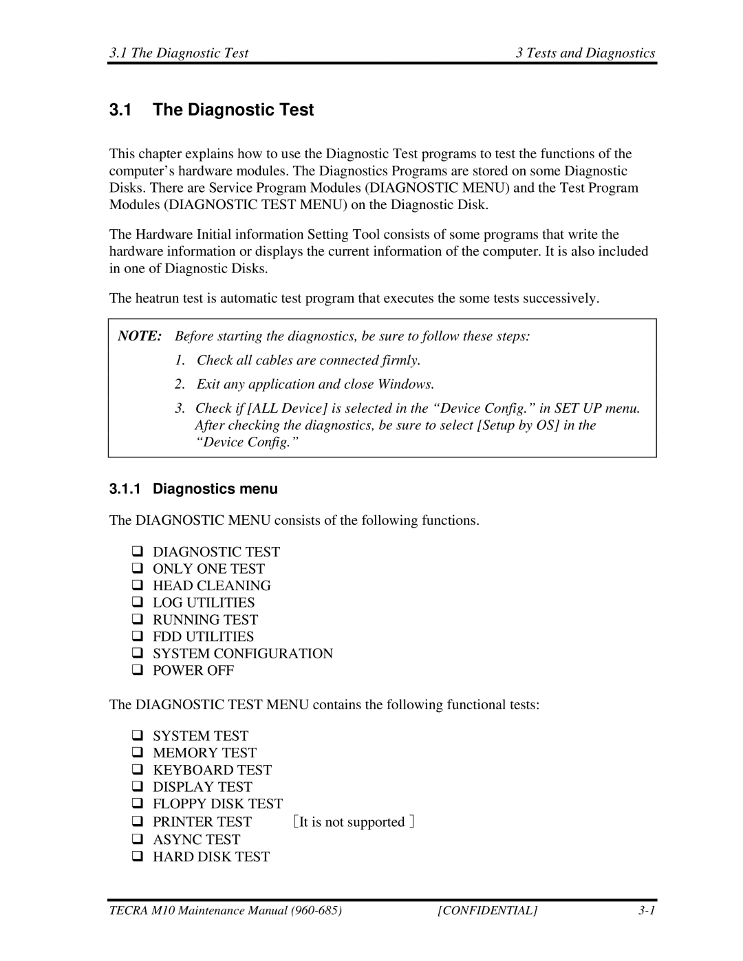 Toshiba M10, TECRA manual Diagnostic Test Tests and Diagnostics, Diagnostics menu 