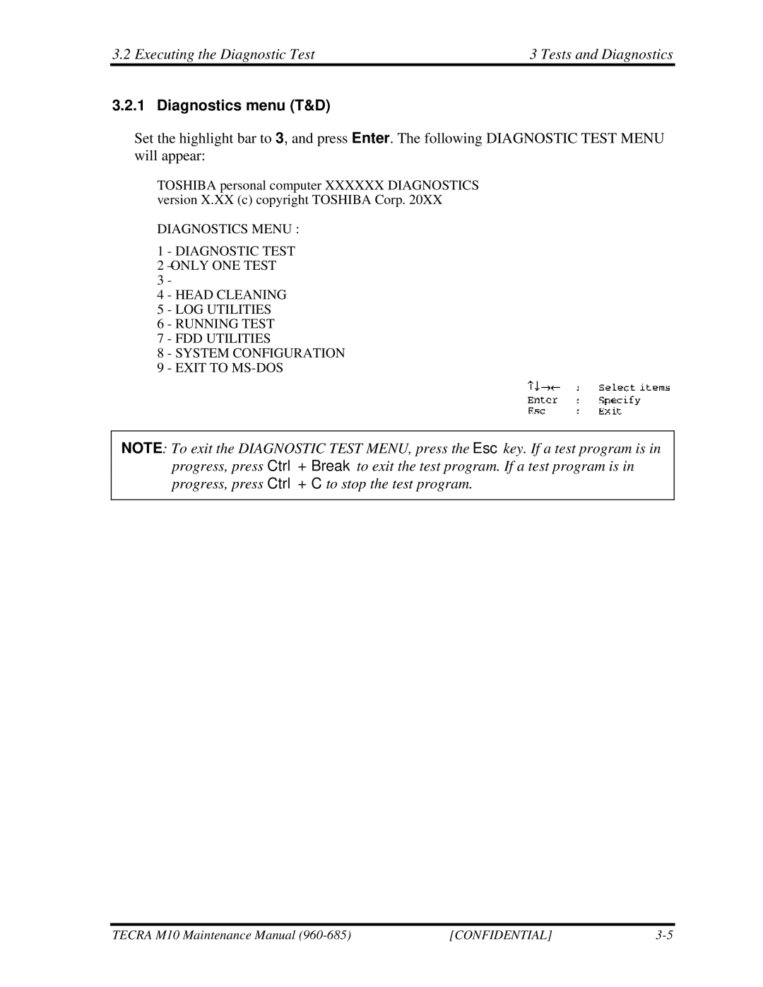 Toshiba M10, TECRA manual Executing the Diagnostic Test Tests and Diagnostics, Diagnostics menu T&D 