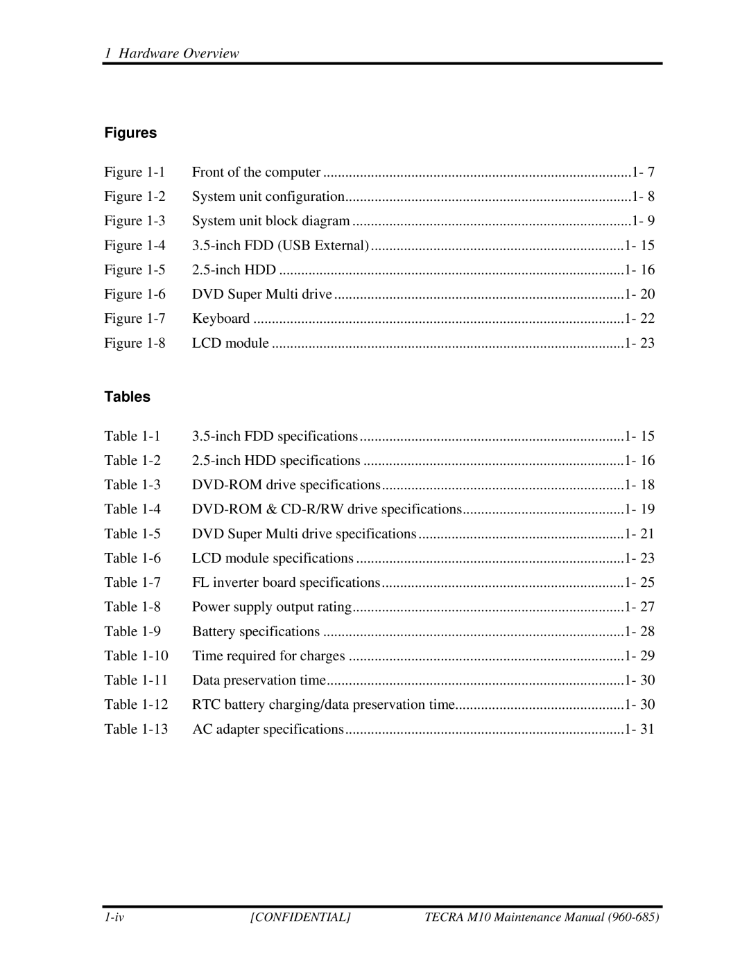 Toshiba TECRA, M10 manual Figures, Tables 