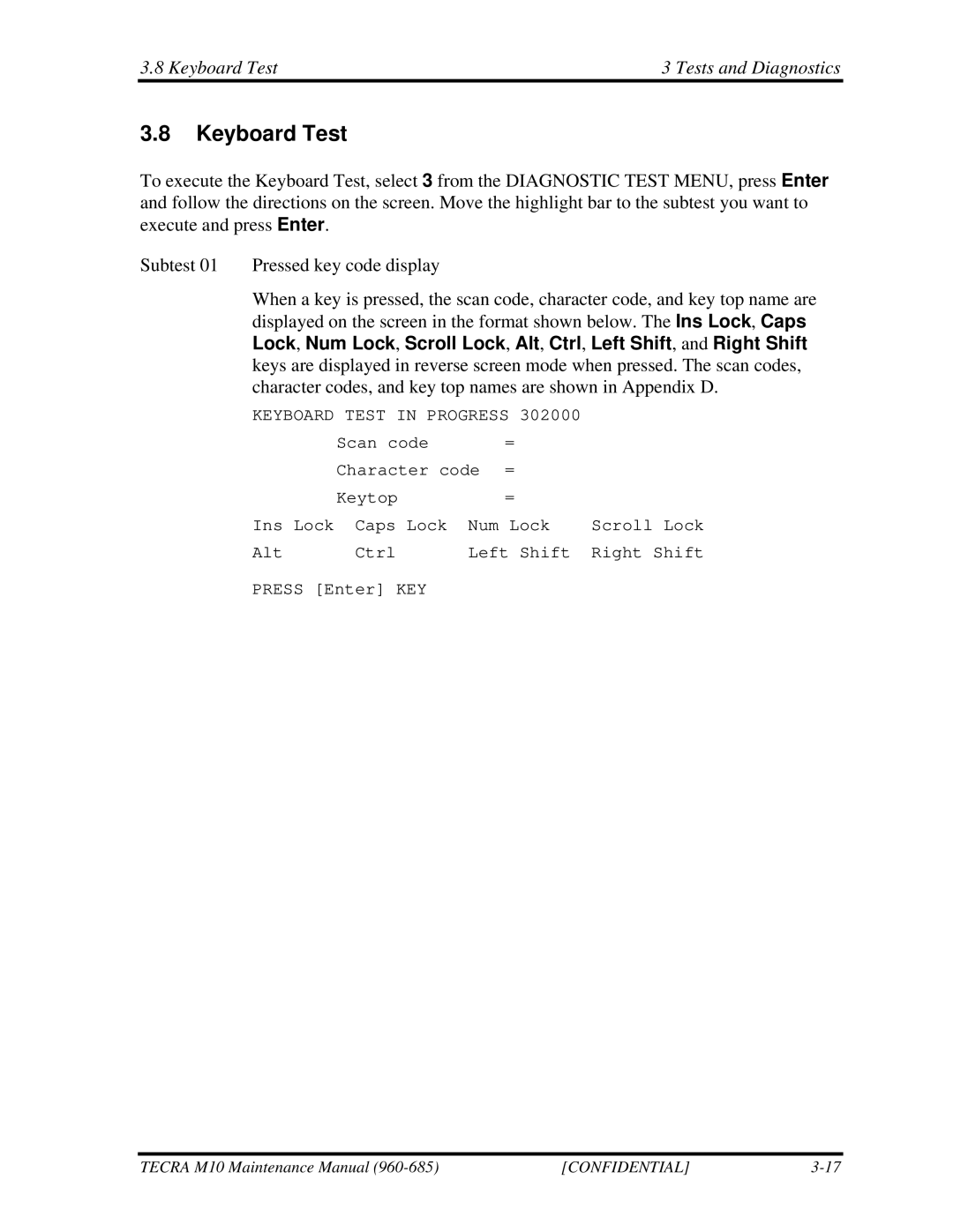 Toshiba M10, TECRA manual Keyboard Test Tests and Diagnostics 