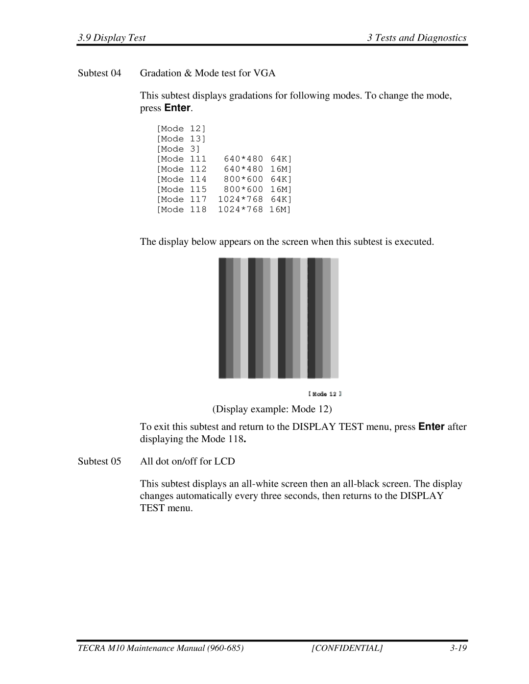 Toshiba M10, TECRA manual Display Test Tests and Diagnostics 