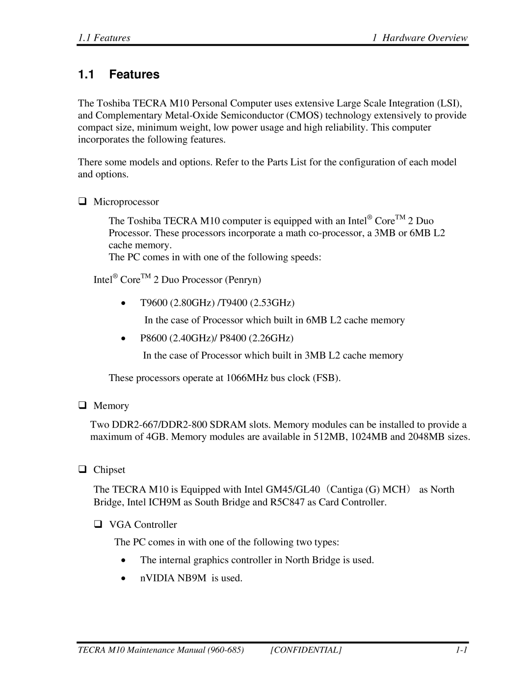 Toshiba M10, TECRA manual Features Hardware Overview 