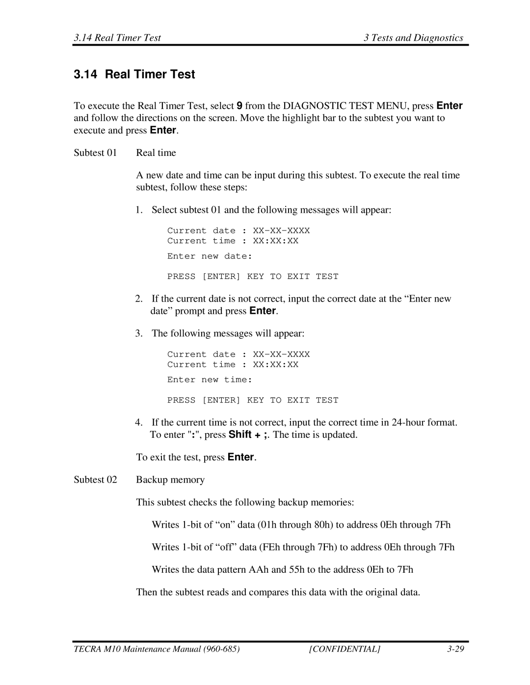 Toshiba M10, TECRA manual Real Timer Test Tests and Diagnostics 