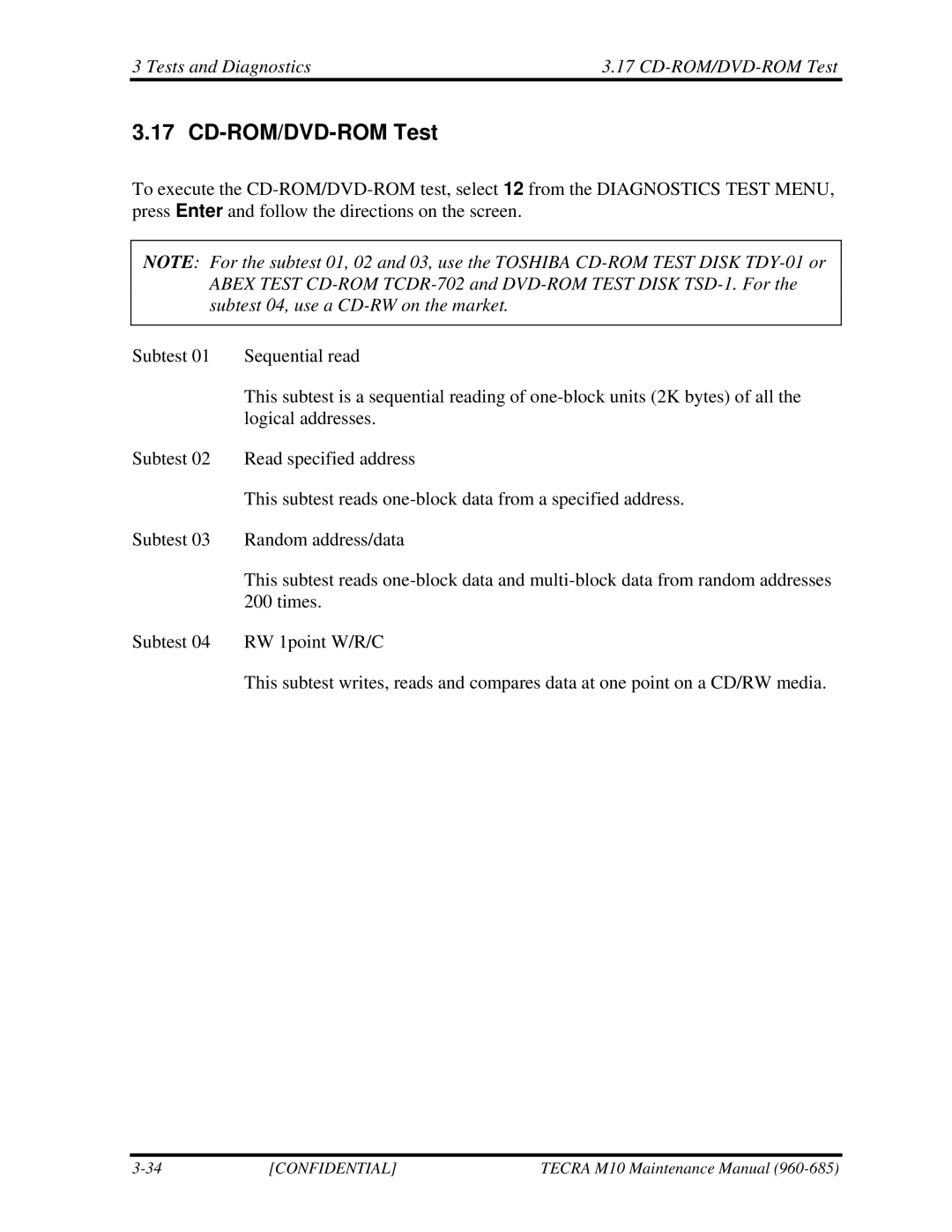 Toshiba TECRA, M10 manual Tests and Diagnostics CD-ROM/DVD-ROM Test 