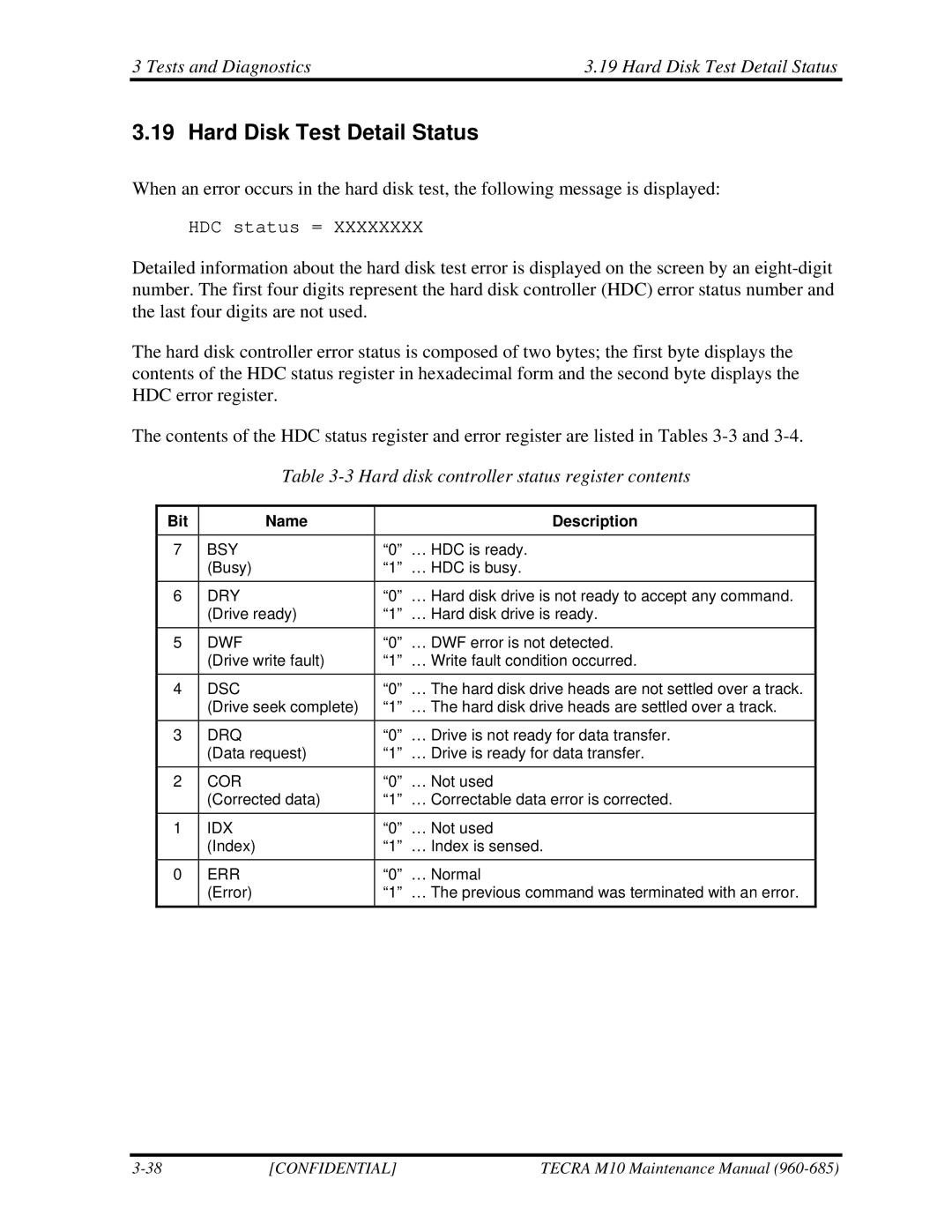 Toshiba TECRA, M10 Tests and Diagnostics Hard Disk Test Detail Status, Hard disk controller status register contents 