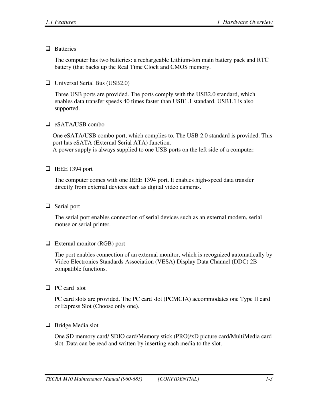 Toshiba M10, TECRA manual Features Hardware Overview 