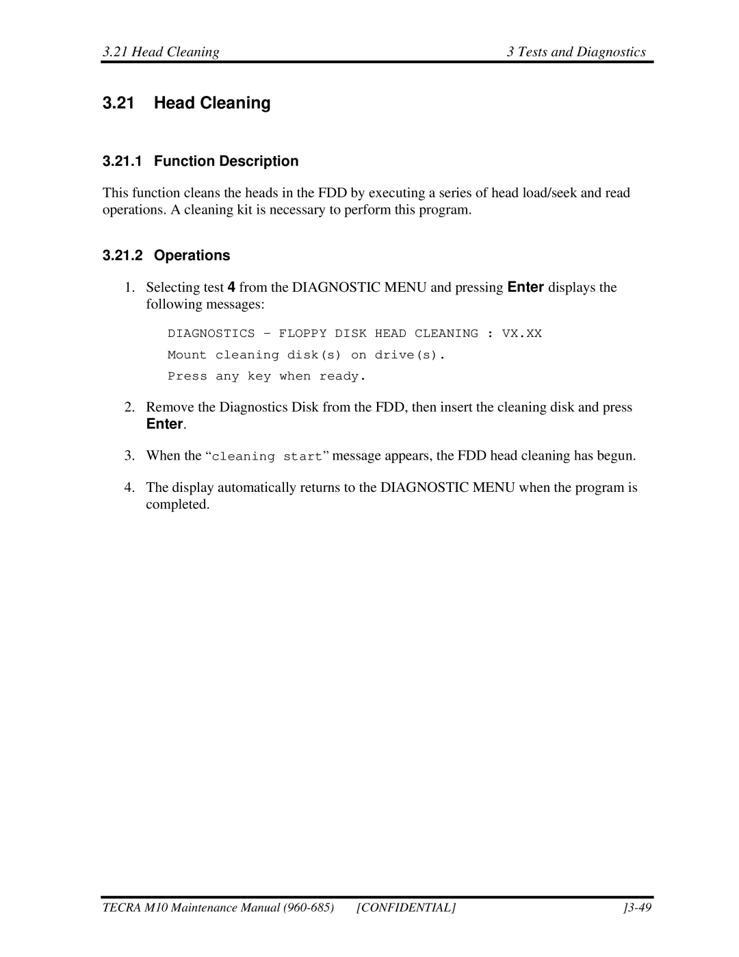 Toshiba M10, TECRA manual Head Cleaning Tests and Diagnostics, Function Description, Enter 