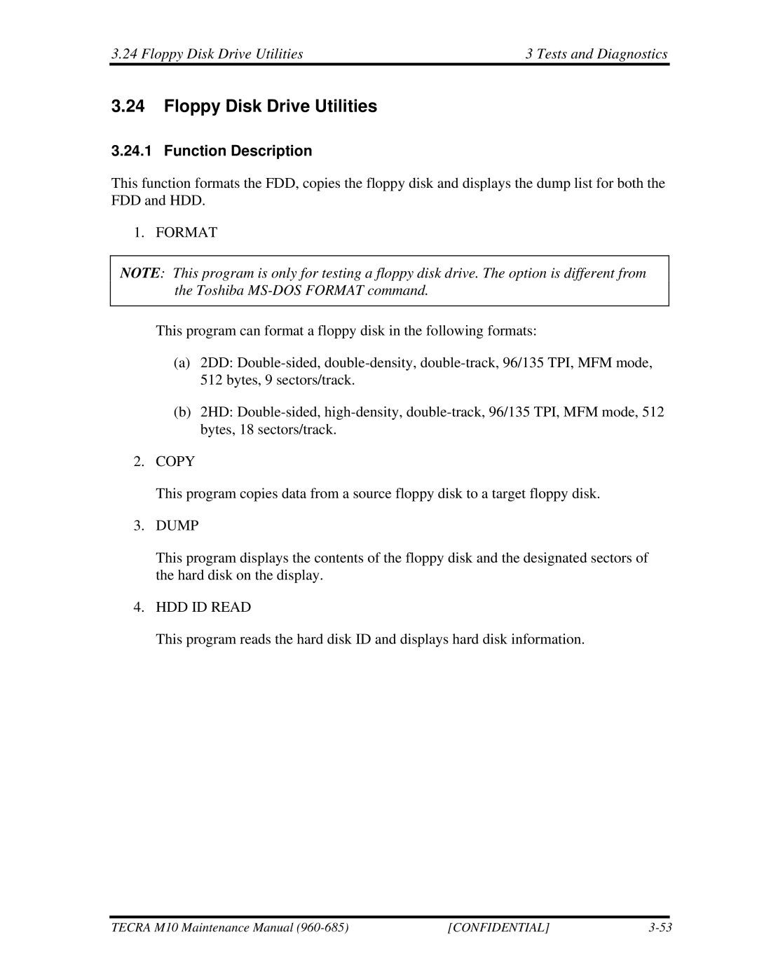 Toshiba M10, TECRA manual Floppy Disk Drive Utilities Tests and Diagnostics 