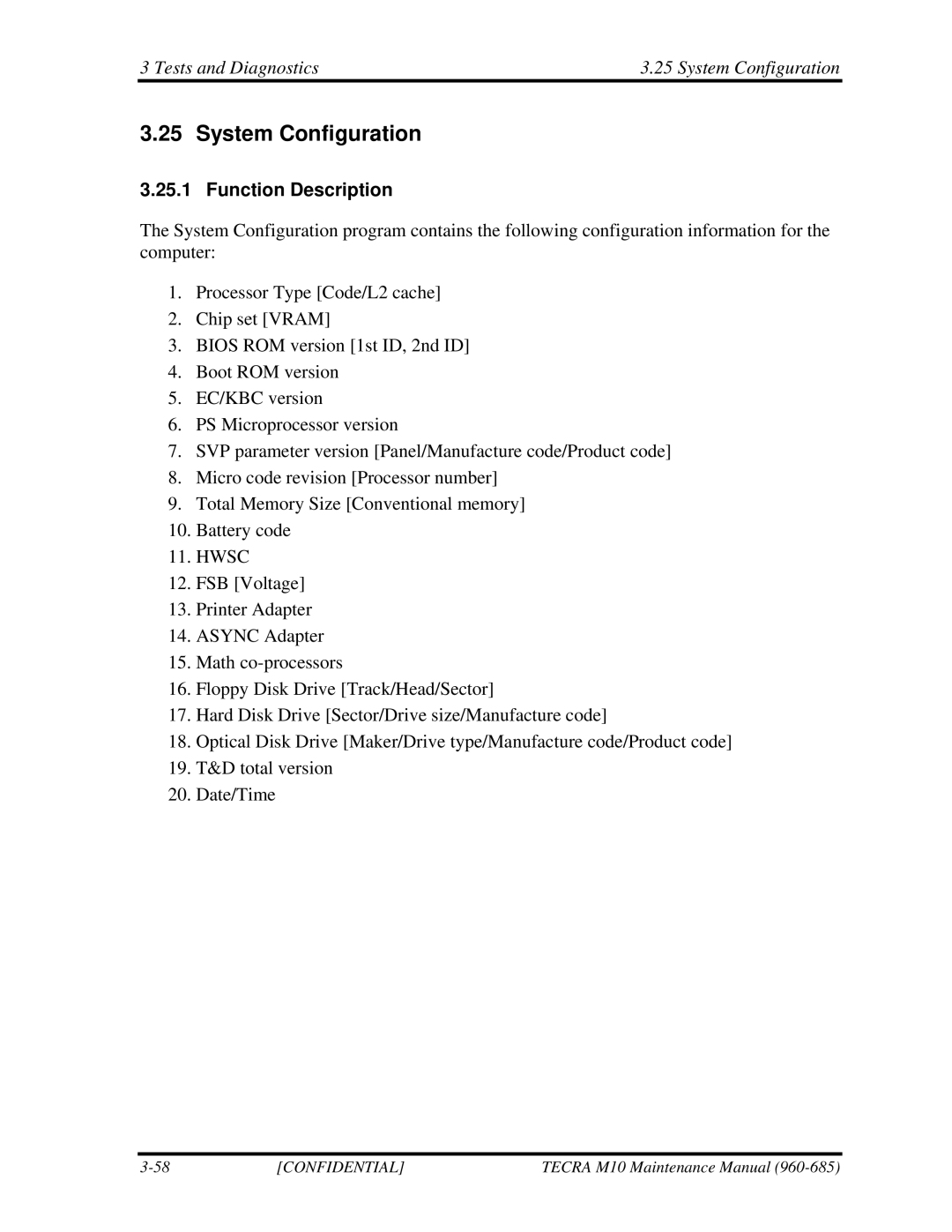 Toshiba TECRA, M10 manual Tests and Diagnostics System Configuration 