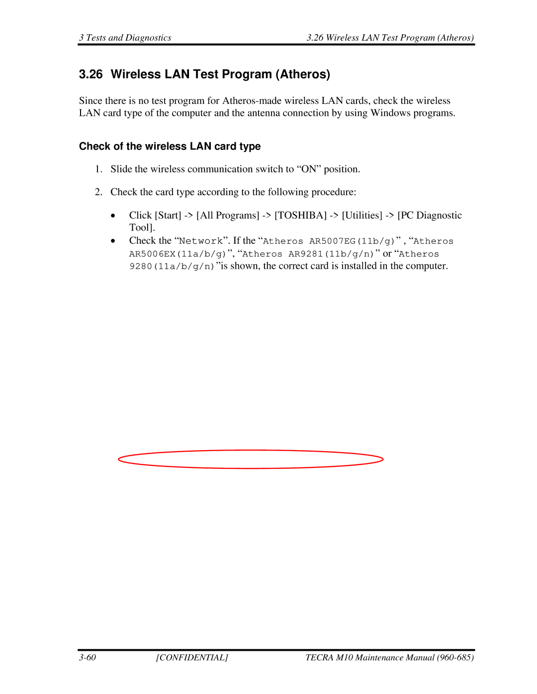 Toshiba TECRA, M10 manual Wireless LAN Test Program Atheros, Check of the wireless LAN card type 