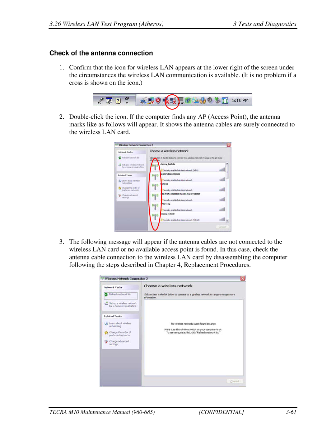 Toshiba M10, TECRA manual Wireless LAN Test Program Atheros Tests and Diagnostics, Check of the antenna connection 