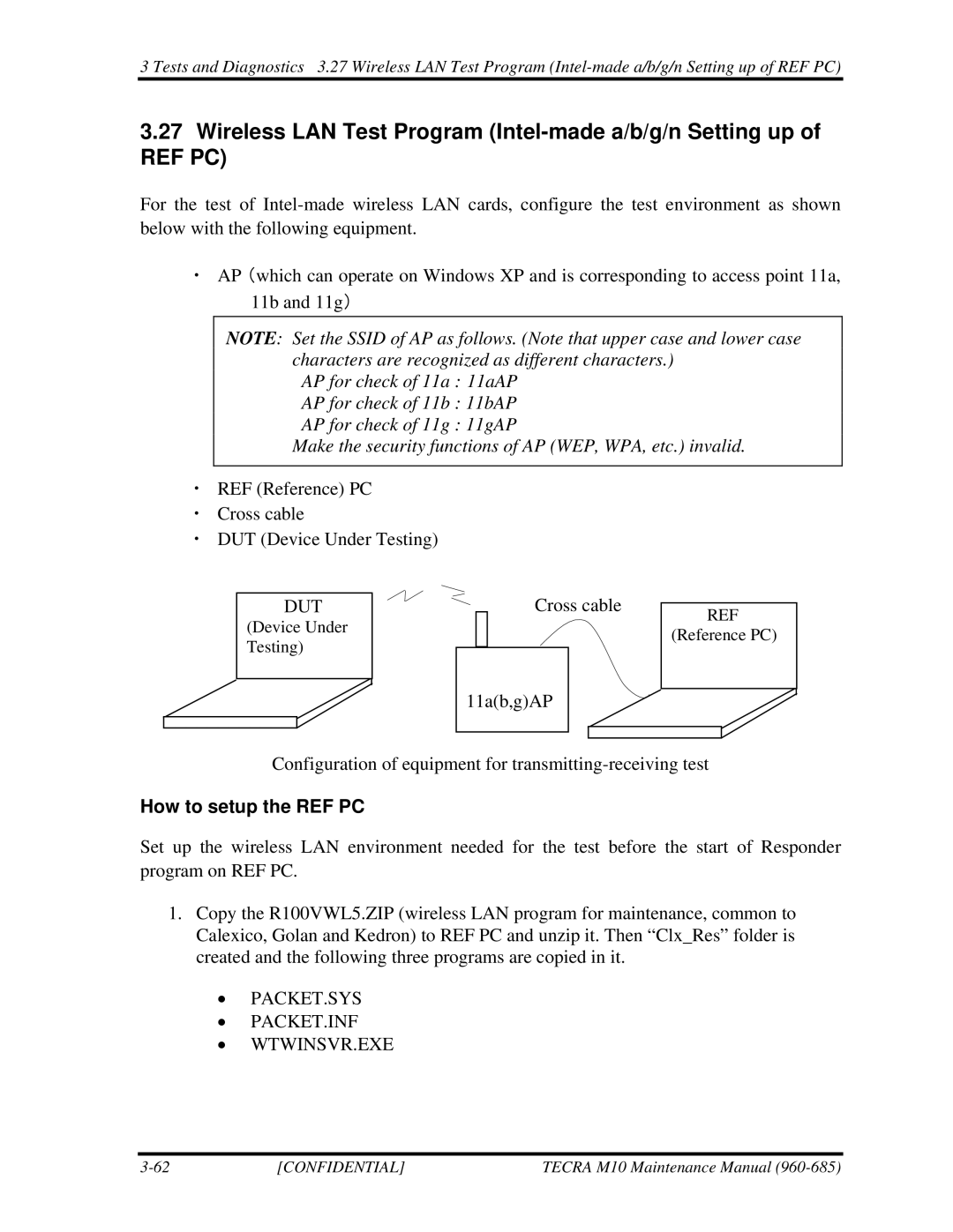 Toshiba TECRA, M10 manual Wireless LAN Test Program Intel-made a/b/g/n Setting up, How to setup the REF PC 