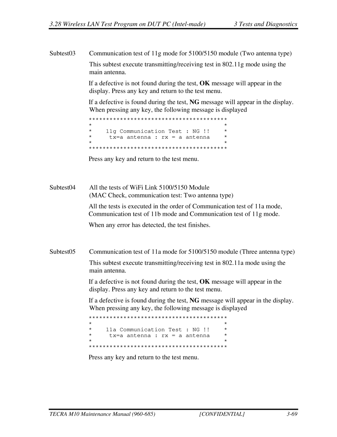 Toshiba M10, TECRA manual 11g Communication Test Tx=a antenna rx = a Antenna 