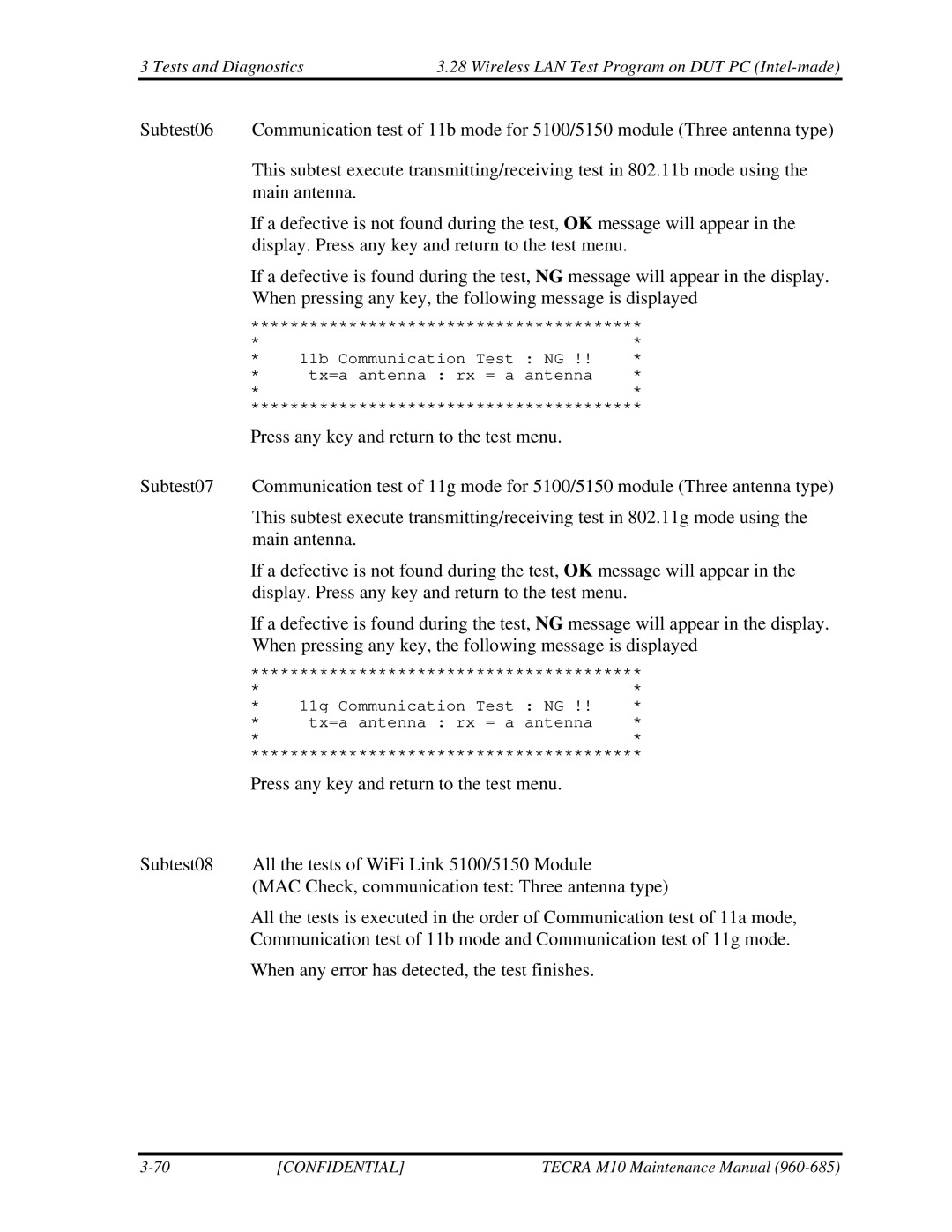 Toshiba TECRA, M10 manual 11b Communication Test NG Tx=a antenna rx = a antenna 