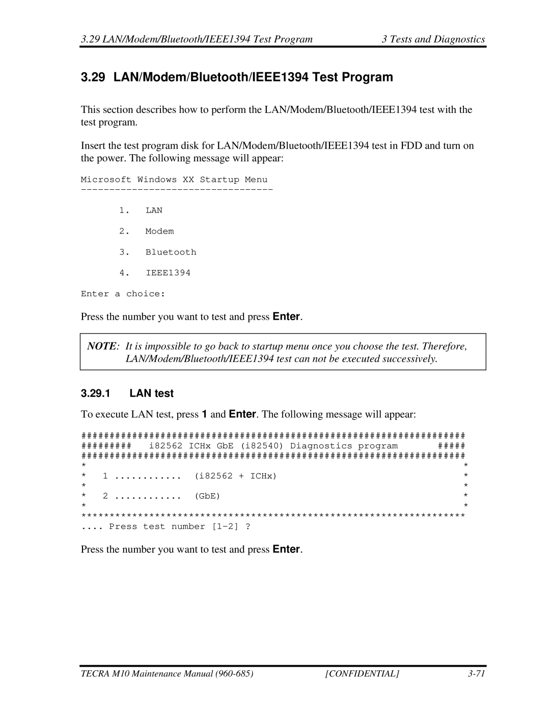 Toshiba M10, TECRA manual 29 LAN/Modem/Bluetooth/IEEE1394 Test Program, LAN test 